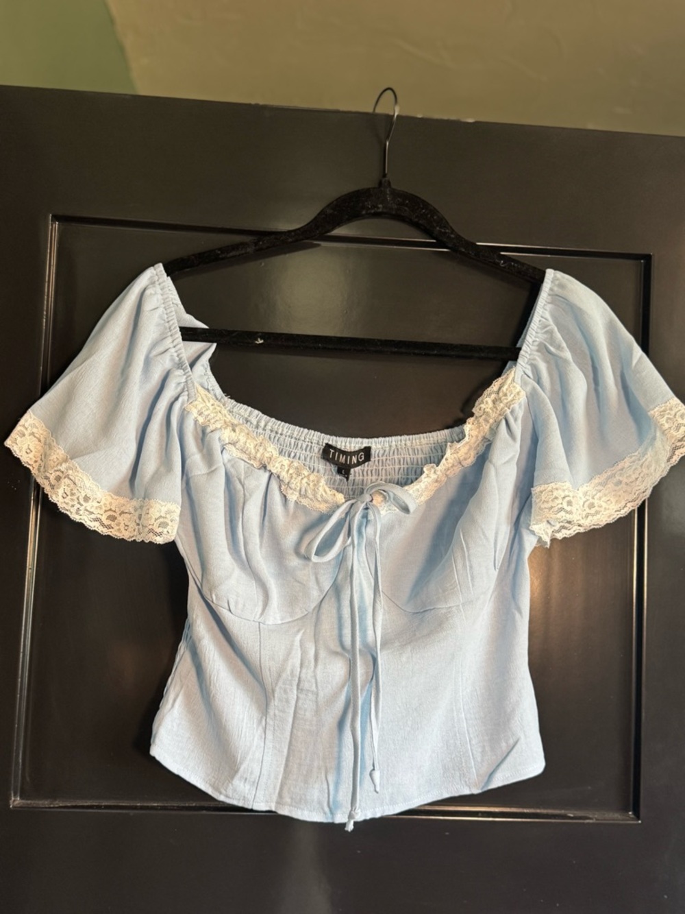 TIMING Light Blue Lace-Trim Peasant Top